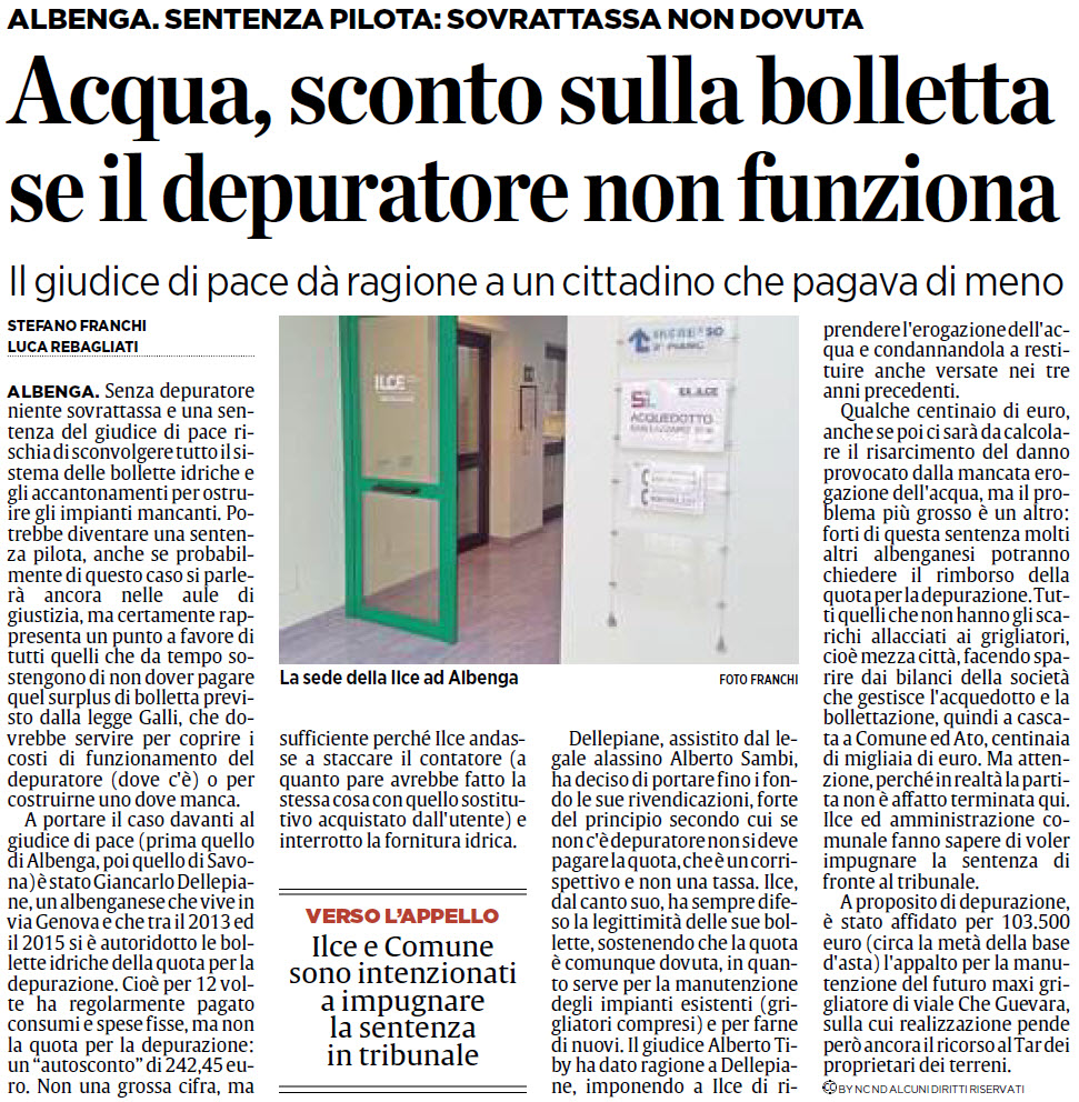 Bolletta dell'acqua: ''se non c'è depuratore non si deve pagare la quota''