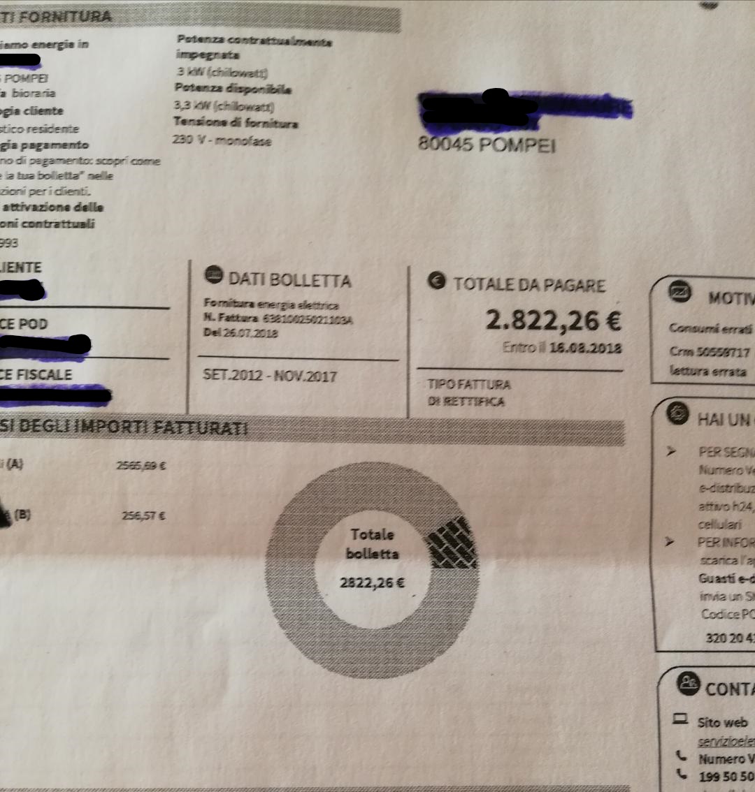 Utenza domestica. A Pompei  L'Enel invia bolletta da 2,800 euro e Federcontribuenti pensa alla procura