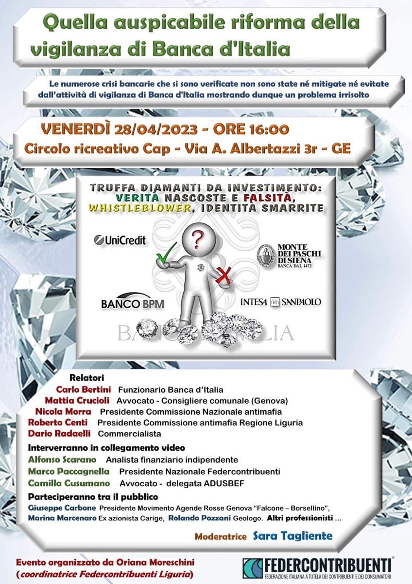 Vendita diamanti: venerdì a Genova tavola rotonda di Federcontribuenti sulla vicenda di Carlo Bertini